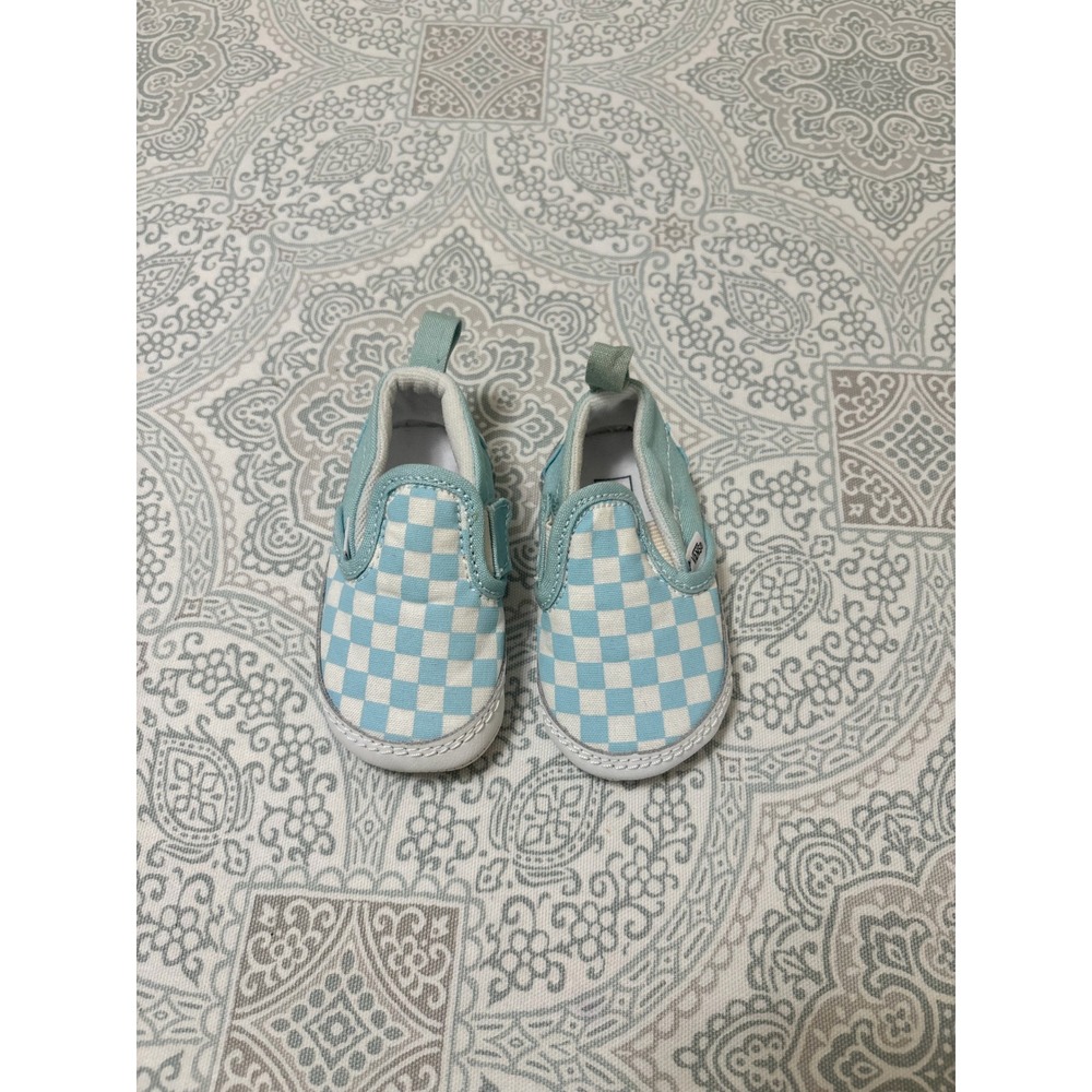 Vans Slip-On V Crib Baby Shoes Light Blue Checkered Sneakers Size 1 Infant